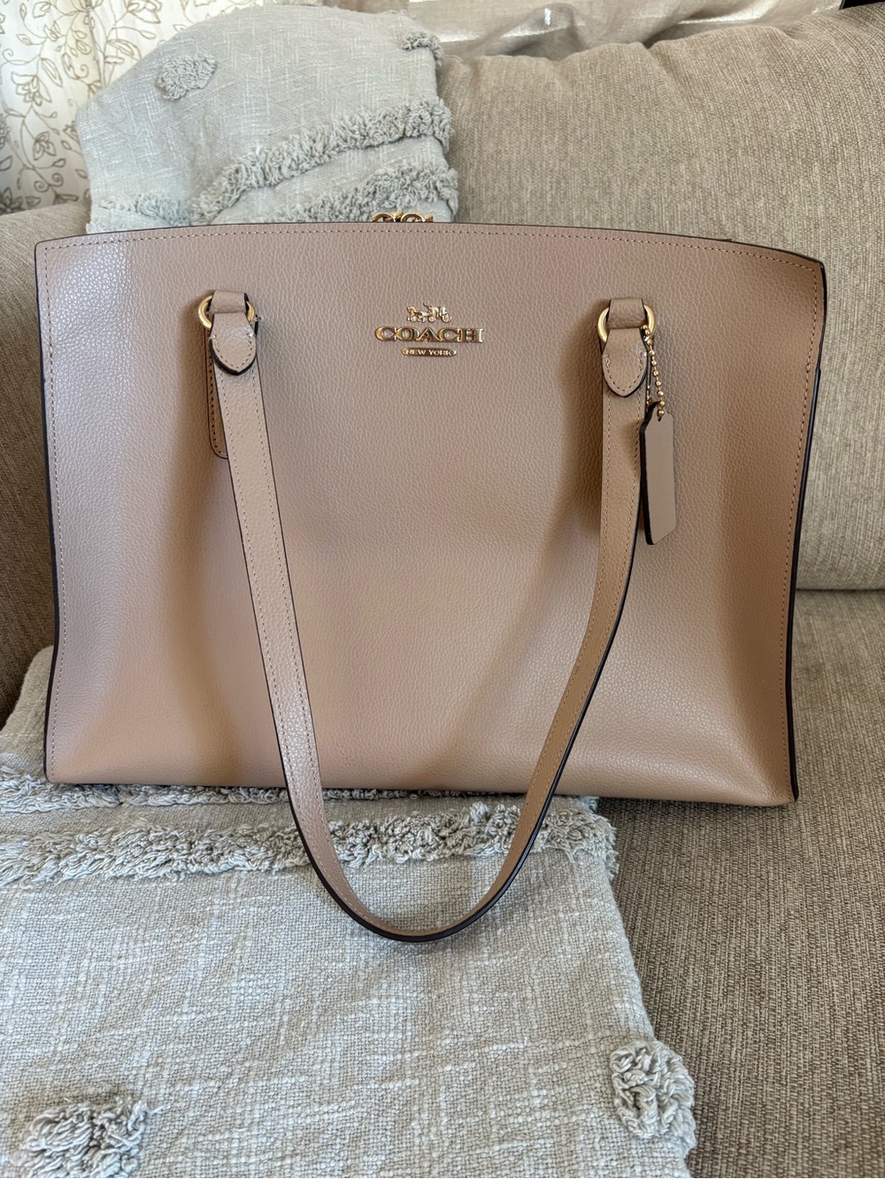 Coach Avenue Carryall Pebbled Leather Tote in Beige Taupe with Gold Hardware
